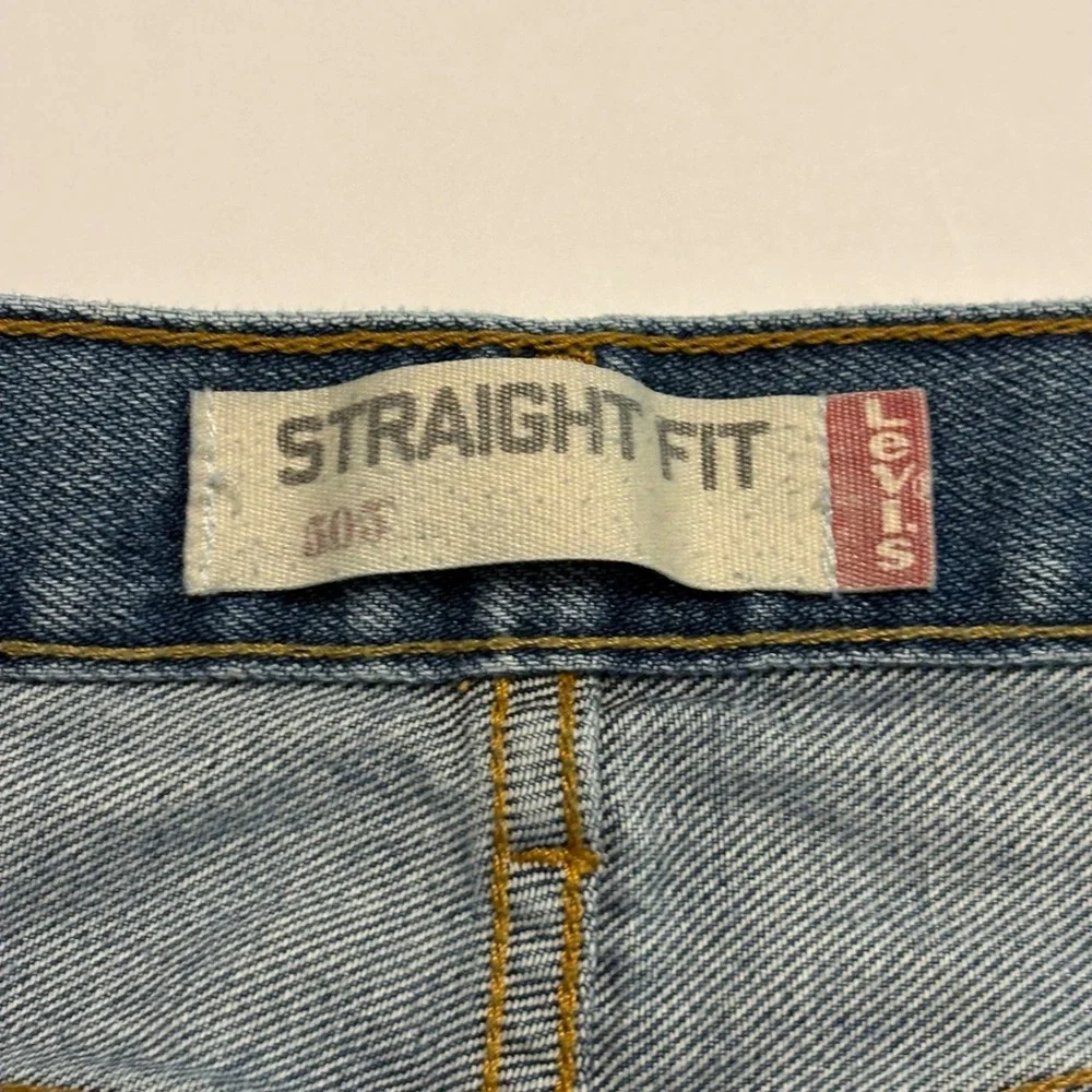 Levis 505 Straight Fit Jeans Mens 36x30 Blue Raw Hem Distressed Denim